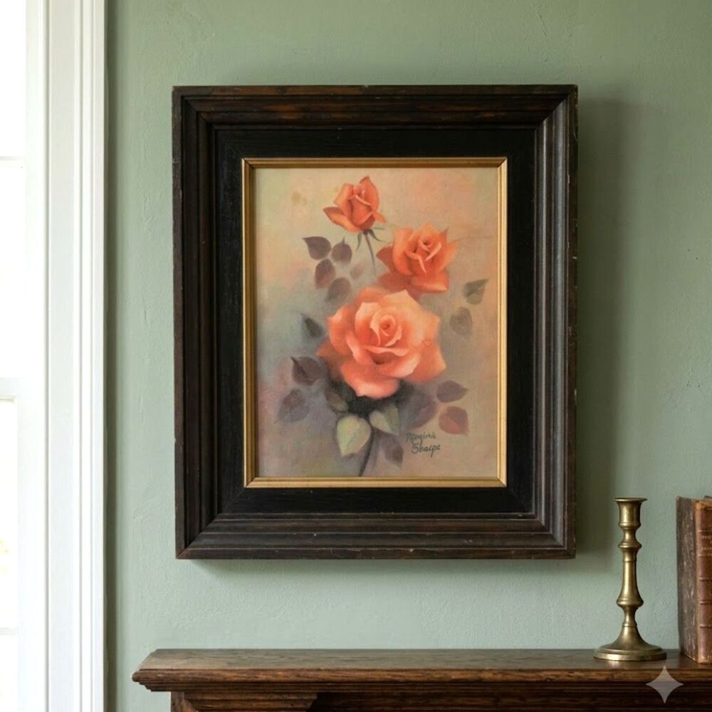 Vtg Floral Wood Frame Wall Art Signed Litho Print Picture Roses Cottage 12X14